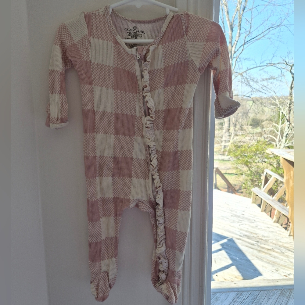 Caden Lane Pink and Cream Buffalo Check Ruffle Zip Footie